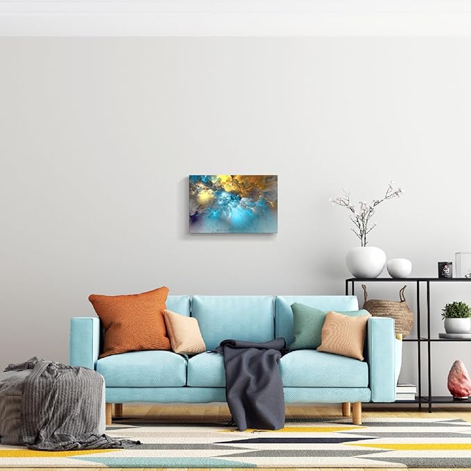 Golden Canvas Wall Art Blue Modern Abstract Painting Prints Colorful Smoke Billowing on White Background Framed Energetic Artwork Pictures for Living Room Bedroom Hallway Wall Decoration 24x16in