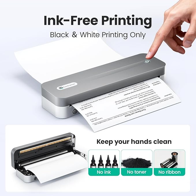 P1 Pro Ink-Free Thermal Printer, Portable US Letter Size Bluetooth Printer with 1 Roll Paper, for iPhone Android Computer, Home Office Use