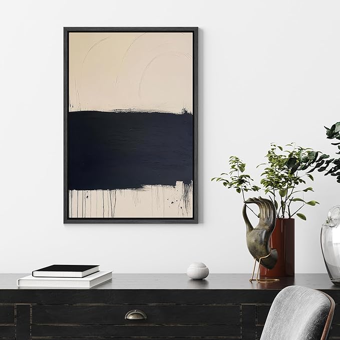 SIGNFORD Framed Canvas Print Wall Art Minimalist Navy and Beige Abstract Contemporary Illustrations Modern Art Decorative Relax/Calm for Living Room, Bedroom, Office - 24"x36" Black