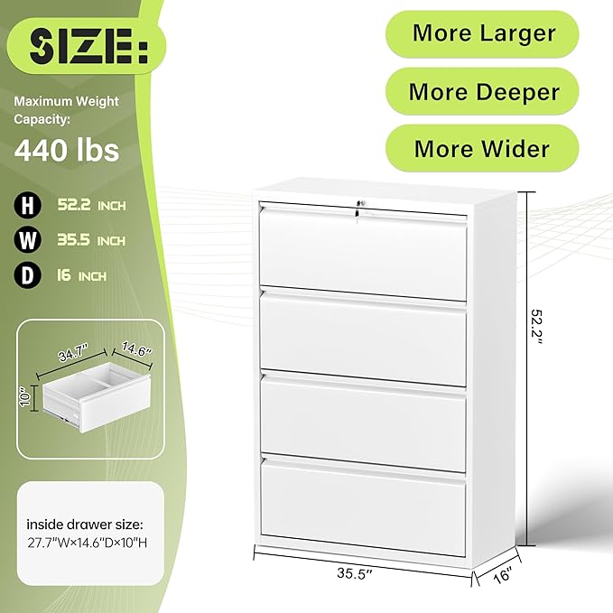 Oakcloud 4 Drawer File Cabinet for Home Office, Filing Cabinet with Lock, Metal Vertical File Storage Cabinet for A4/F4/Letter/Legal Size, Easy Assemble (36“-White)
