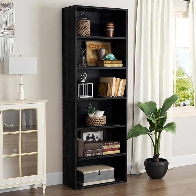 oneinmil Bookcase and Bookshelf, Floor Standing 6-Tier High Bookshelf, Display Storage Rack, Home Decorative Furniture, Suitable for Home Offices, Living Rooms, and Bedrooms,Black
