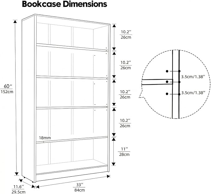 5 Tier Wooden Bookshelf, 60" H Tall Book Shelf with Adjustable Shelves, 33" Wide Bookshelf for Home Office, Living Room