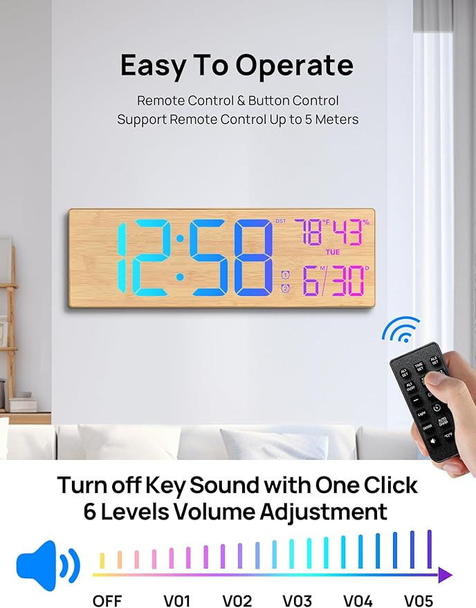 2026 Upgrade 18.5" Large Digital Wall Clock with Remote Control, Big LED Display Digital Clocks with Night Light, Alarm, Countdown, DST, Temp for Parlor, Bedroom, Office, Gifts for Seniors(Light Wood)