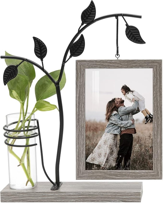 Sapowerntus 4x6 Picture Frames Family Desk Office Rustic Photo Frame, Water Plants Flowers Floating Double Glass Vase Tabletop Standing Home Decor, Wedding Grandma Mother Mom Gift