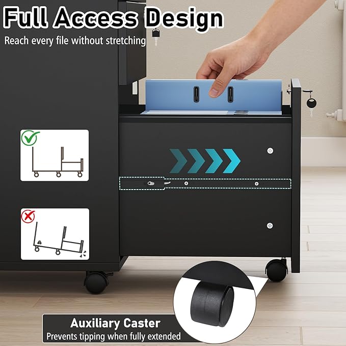 Giantex 3-Drawer File Cabinet with Lock, 27-Inches Storage Cabinet with 2 Side Hooks, Mobile Printer Stand, Wheels, 4 Keys, Vertical Filing Organizer fits Letter/A4 Size for Home Office (Black)