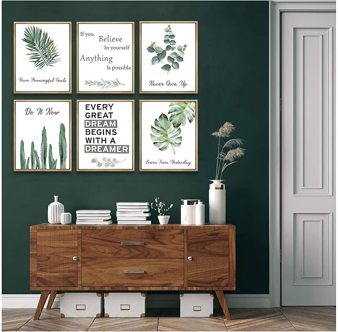 6pcsOffice Inspirational Botanical Canvas Wall Art Eucalyptus Leaves Sage Motivational Quotes Painting Picture Wall Decor Never Give Up Poster Print Artwork For Classroom Bedroom Home Decoration