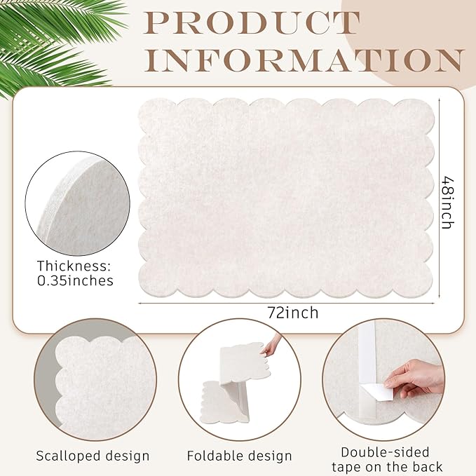 Scalloped Felt Bulletin Board 72 x 48 Inches Foldable Beige Pin Cork Board Alternative for Wall, 6' x 4' Trifold Picture Vision Self Adhesive Bulletin Decorative
