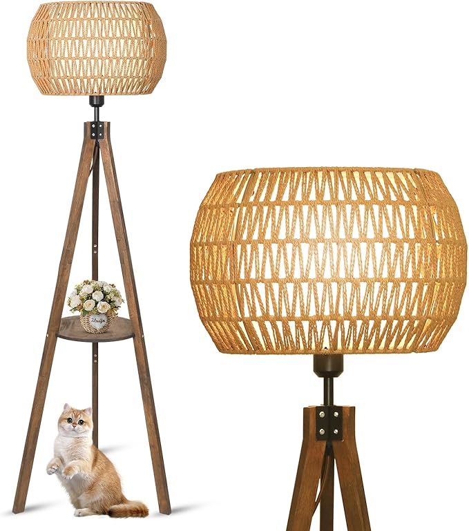 Boho Tripod Floor Lamps for Living Room, Wood Floor Lamp with Shelf, Mid Century Modern Standing Lamp with Rattan Shades, Foot Switch, Rustic Farmhouse Tall Lamps for Bedroom Office, Brown