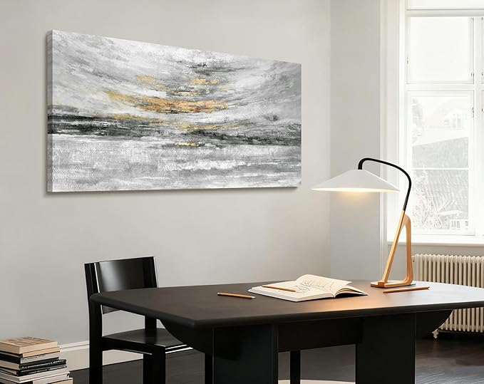 Nicetop Coastal Wall Decor 48x24 Inch, Abstract Canvas Wall Art Black White and Gold, Modern Ocean Artwork Ready to Hang for Living Room, Bathroom, Bedroom and Office | Minimalist