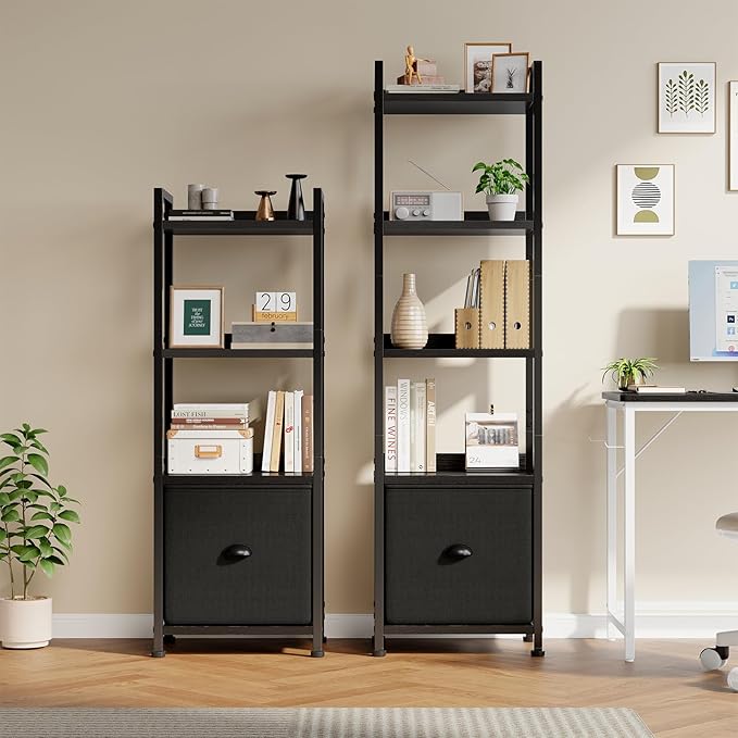 DUMOS 4 Tier Bookshelf, Bookcase with Fabric Drawer, Multi-Functional Display Standing Shelf for CDs/Books/Movies, Wood and Metal Storage Organizer in Bedroom, Living Room and Closet, Black