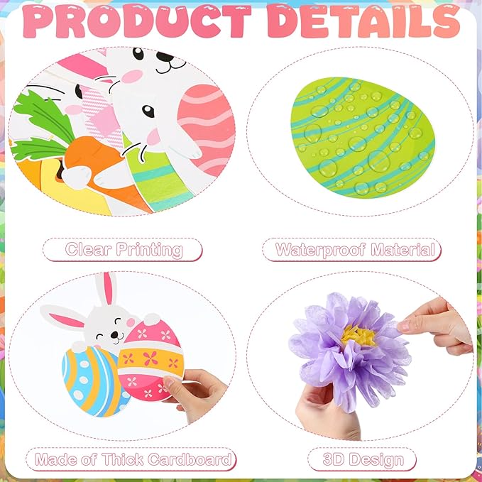 Pasimy 72 Pcs Spring Easter Bulletin Board Decorations 3D Egg Bunny Flowers Paper Cutouts Classroom Decors Egg Cited for Spring with Grass Flowers Birds Bunny for Home Nursery School Party Supplies