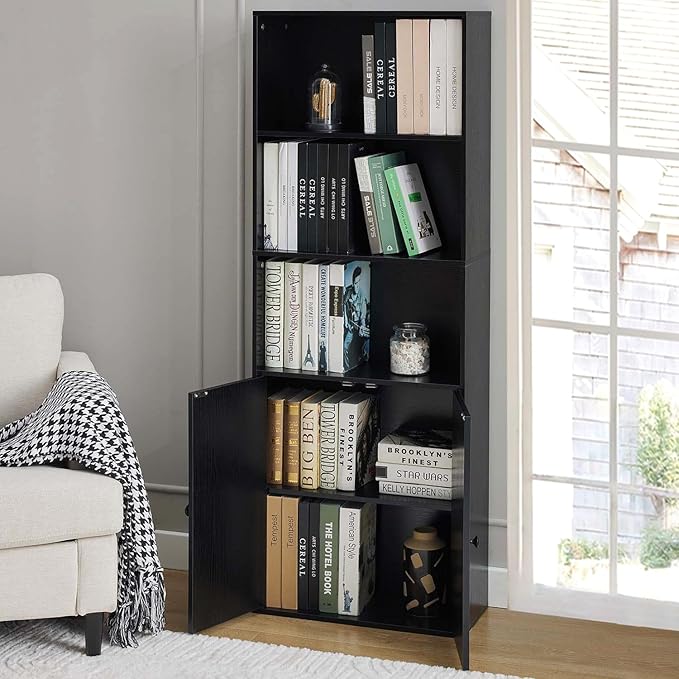 Black 5-Tier Bookshelves for Living Room, Farmhouse Tall Bookcase with Doors, Wooden Bookshelf with Storage Cabinet and Shelves for Living Room, Home Office (2PCS)