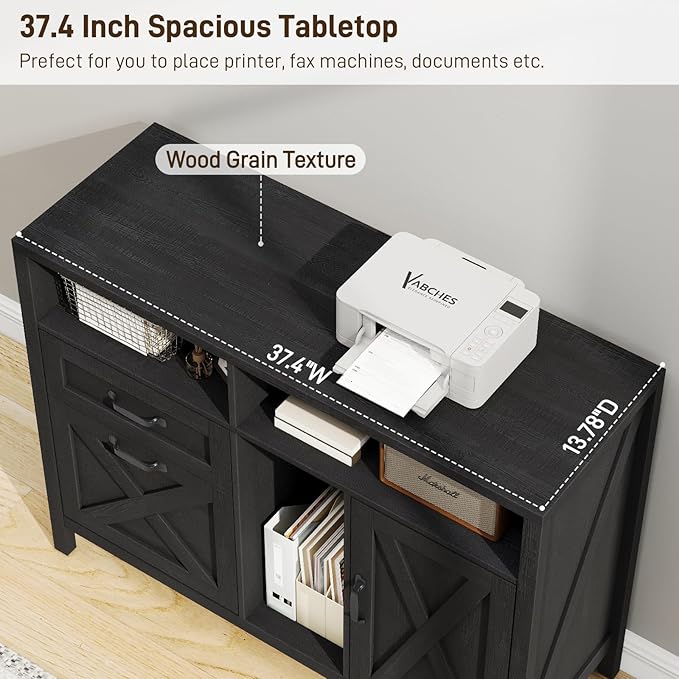 Vabches Lateral File Cabinet, Farmhouse 2 Drawer File Cabinet with Open Storage Shelf for Letter/A4 Size Hanging Files, Large Wood File Storage Cabinets Printer Stand for Home Office, Black