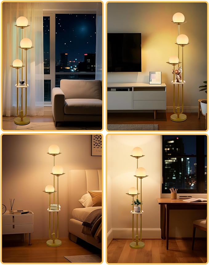 63IN Globe Floor Lamp with Shelf 3-Lights Modern Dimmable Floor Lamps with 3000K Soft Warm White Bulbs for Wedding/Party, Gold Tall Standing Lamp for Living Room/Bedroom