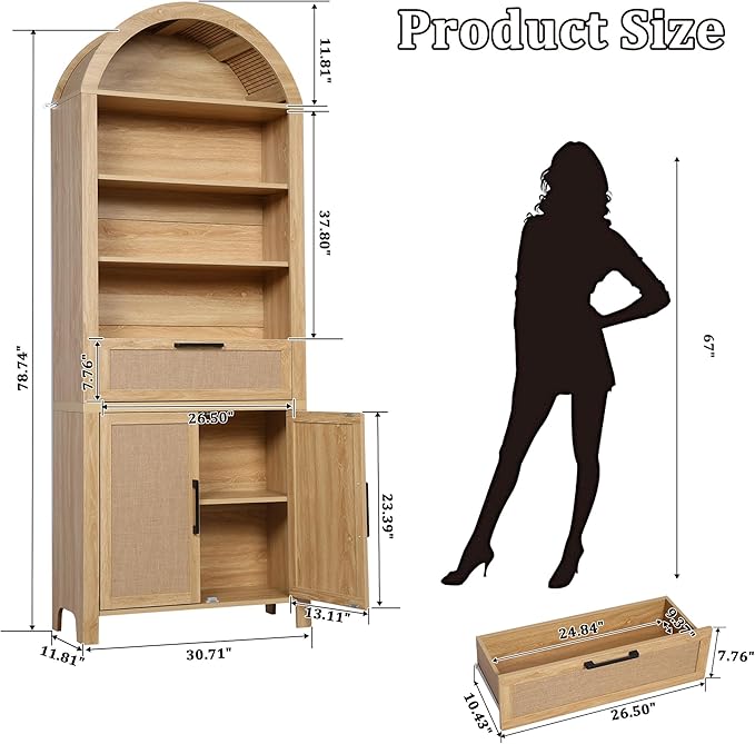 79" Tall Arched Bookcase with Storage, Mid Century Modern 6-Tier Cabinet with Door and Drawer, Arched Bookshelf with Open Display Shelf for Office Living Room (Natural, 79inch-Doors)
