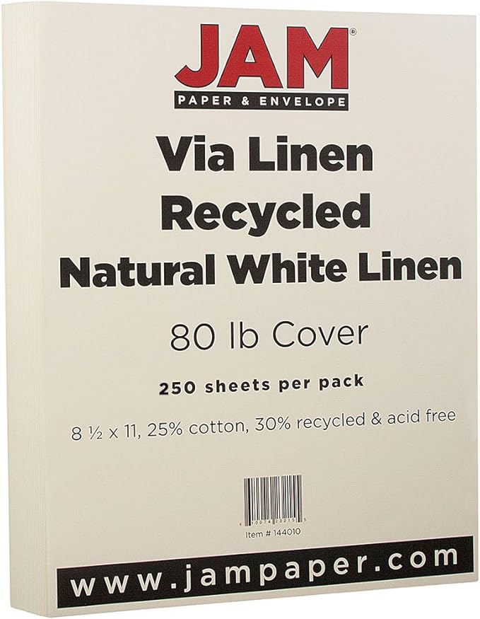 JAM PAPER Strathmore 80lb Cardstock - 8.5 x 11 Coverstock - 216 gsm - Natural White Linen - 30% recycled - 250 Sheets/Ream