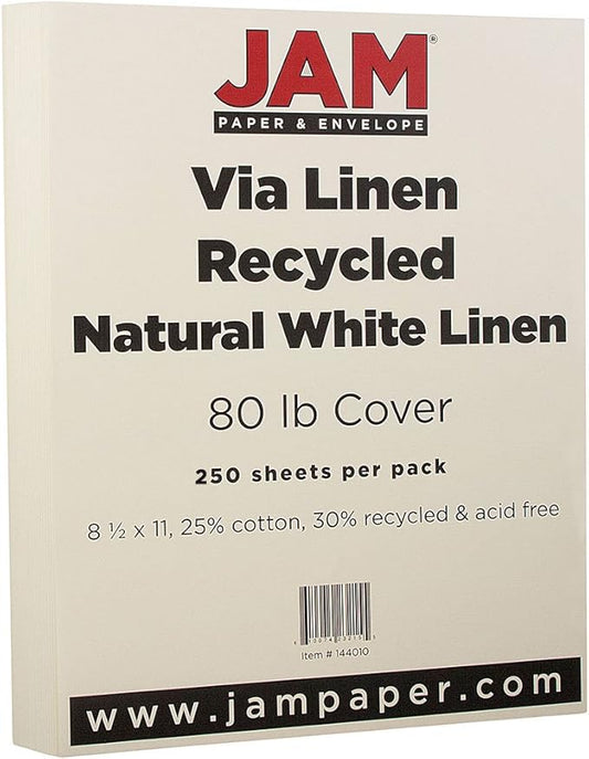 JAM PAPER Strathmore 80lb Cardstock - 8.5 x 11 Coverstock - 216 gsm - Natural White Linen - 30% recycled - 250 Sheets/Ream