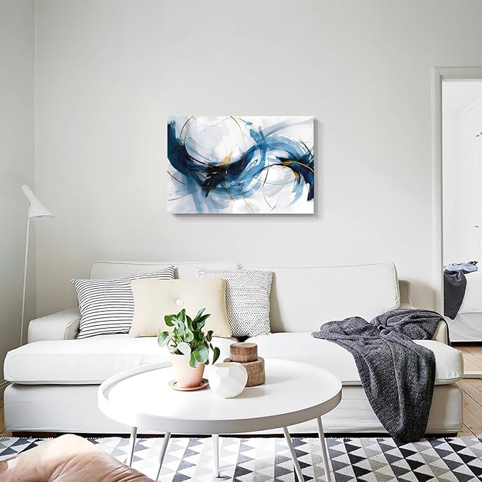 gaosoul Modern Abstract Canvas Wall Art Vibrant Blue Gold Lines Doodled on White Background Paintings Stylish Framed Minimalism Artwork Prints for Living Room Bedroom Office Decor 30x20in