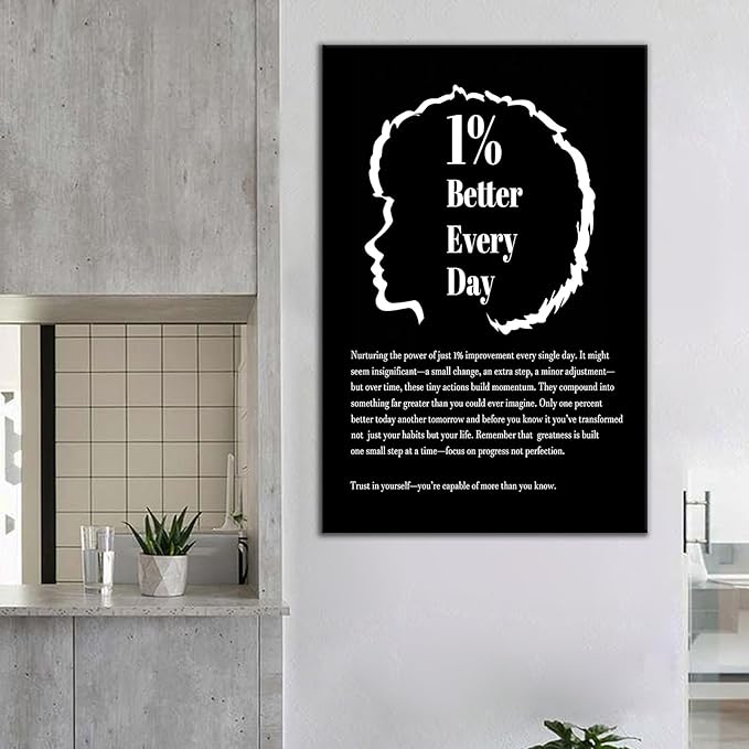 Inspirational Framed Canvas Wall Art 1% Better Every Day Picture Office Success Quote Growth Entrepreneur Motivational Poster Print for Modern Home Classroom Artwork Ready to Hang [24''Wx36''H]