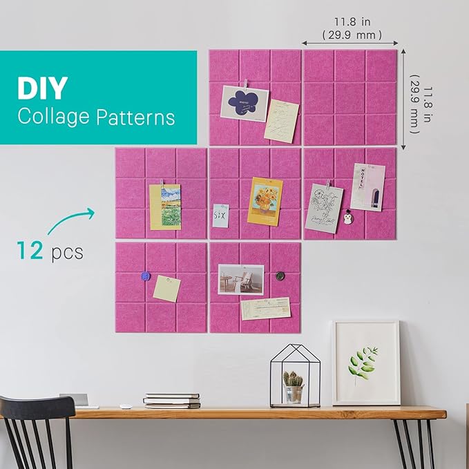 Cork Board for Walls 48" x 36", Bulletin Board for Office Decor, 12 Pack Felt Wall Tiles with Safe Removable Adhesive, Pin Tack Corkboard for Quilting Design & Dart Wall Protector - Dusty Rose