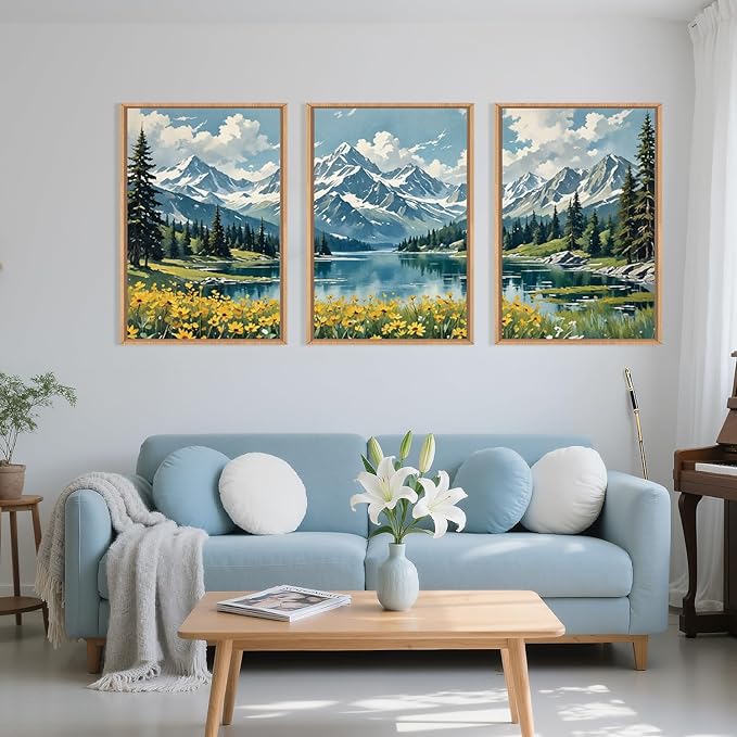 Large Snow Mountain Wildflower Framed Canvas Wall Art,Pine Tree Woodland Wall Decor,Forest Floral Lake Wall Painting,Scenery Artwork for Living Room,Bedroom,Dining Room,Office -16"x24"x3