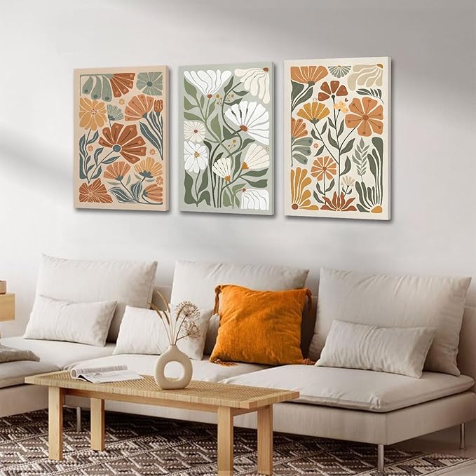 KISSFOX Framed Canvas Wall Art Abstract Floral Botanical Print Set of 3 Green Beige Wildflower Flower Market Paintings Boho Modern Minimalist Pictures Decor Bedroom Bathroom Living Room 16"x24"