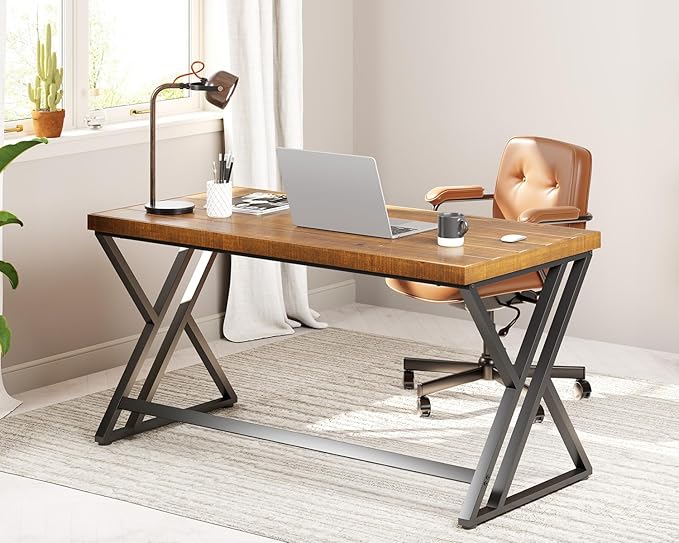 Real Wood Computer Desk, Modern Natural Wood Home Office Desk, Rustic Solid Wood Work Study Writing Desk, Farmhouse Workstation PC Gaming Executive Table for Bedroom, Brown, 47 inch