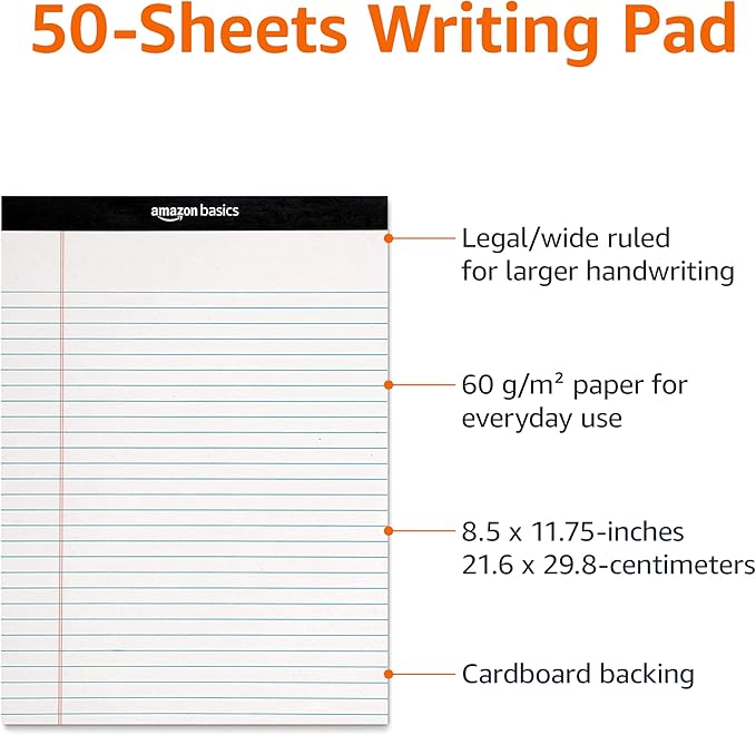 Amazon Basics Wide Ruled Lined Writing Note Pads for Office Supplies, 8.5" x 11.75", White, 12-Pack of 50 Perforated Sheets