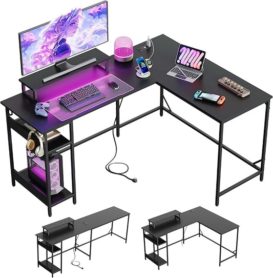 DEVAISE 60 Inch L Shaped Gaming Desk with LED Lights & Power Outlets, Corner Desk for Small Spaces, Sturdy PC Computer Table with Storage for Home Office, Black