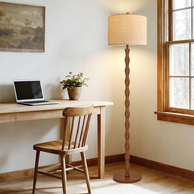 Wood Floor Lamp for Living Room,Bedroom,Vintage Farmhouse Mid Century Standing Lamp with Remote,Dimmable Rustic Industrial Tall Lamp Retro Floor Light Boho Bohemian