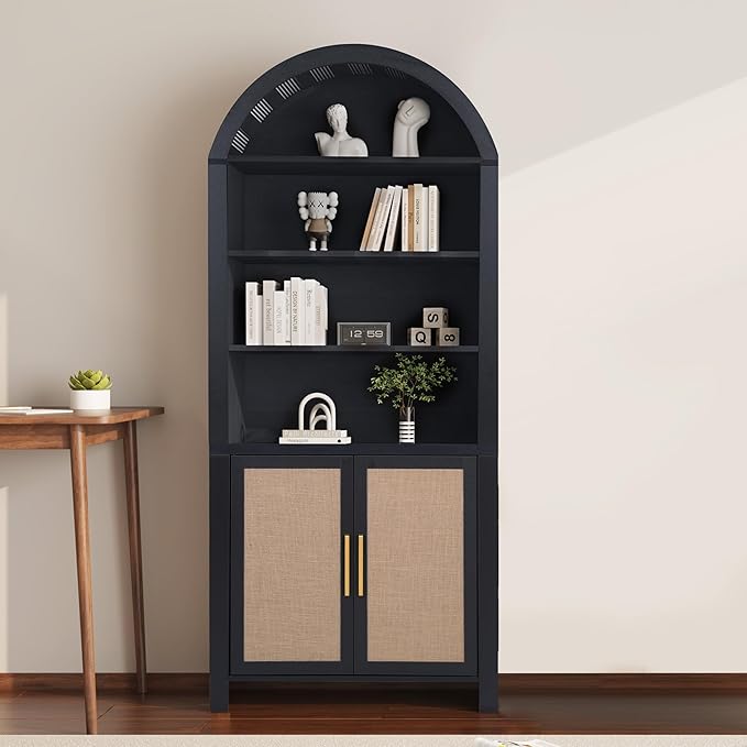 71" Tall Arched Bookcase with Storage, Mid-Century Modern 6-Tier Arch Cabinet with Door, Arched Bookshelf Cabinet with Open Display Storage Shelf for Office Living Room (Black)