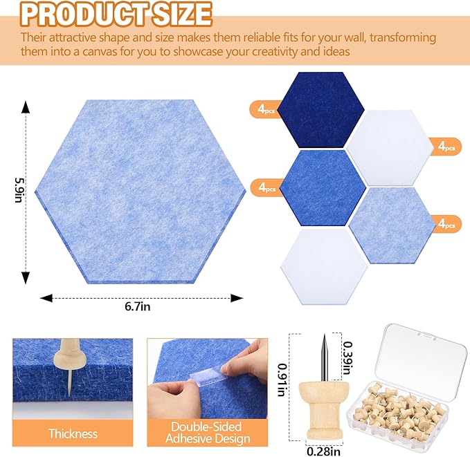 16 Pcs Hexagon Cork Board for Walls with 50 Wooden Push Pins 6.7 x 5.9 in Felt DIY Tiles Notice with Nano Tape Hanging Bulletin Board for Home Photo Office Memo Note (Blue)
