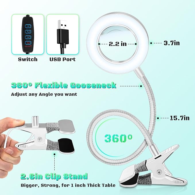 10X Magnifying Glass with Light, Clip on Mganifier with Light, 48 LED Desk Lmap Magnifying Glass wtih Clamp, 3 Modes Dimmable LED Lamps for Bed Work Crafts DIY Repair Gray