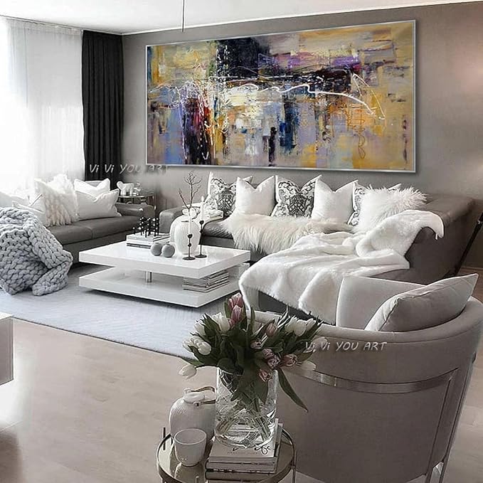 ZMFBHFBH Contemporary Large Abstract Wall Art Hand Painted Oversize Painting On Canvas Panoramic Wide in Office Decoration 20x40cm(8x16in) with Frame