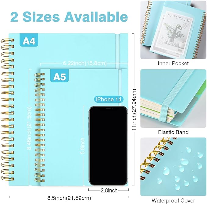 5 Subject Notebooks College Ruled, Spiral Lined Notebook with Removable Dividers, 300 Pages 100GSM Thick Spiral Writing Journal for Women & Men, Large A5 Notebooks for Work, School Supplies, 6" x 8"