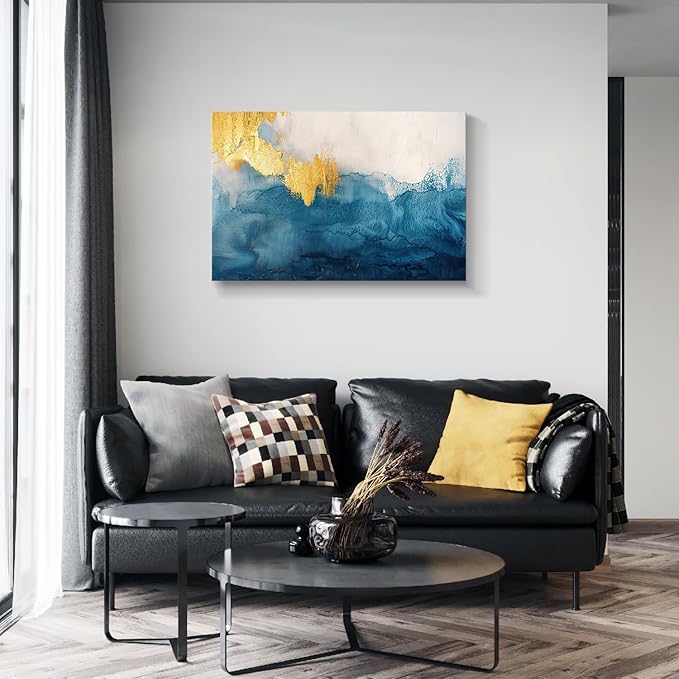 gaosoul Modern Canvas Wall Art Blue Gold Leaf Abstract Painting Prints Minimalism White and Light Blue Tranquility Poster for Living Room Bedroom Office Decor Framed 36x24in