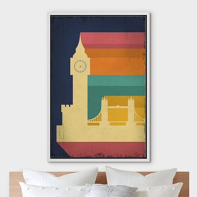 IDEA4WALL Framed Canvas Print Wall Art Retro Vintage British Big Ben Poster Cultural Building Illustrations Modern Art Contemporary Scenic Warm for Living Room, Bedroom, Office - 16"x24" WHITE