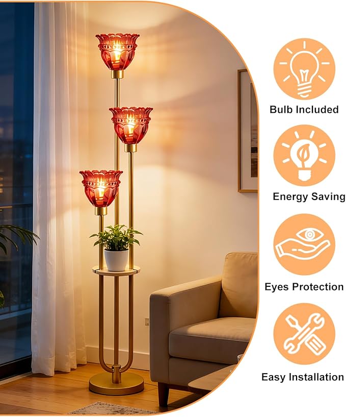 Lightdot 3-Lights Glass Floor Lamp for Living Room Modern Dimmable Gold Floor Lamp with Rose Red Glass Shade & 3000K Bulbs Included Tall Standing Lamp for Bedroom/Sofa Beside/Corner Decor