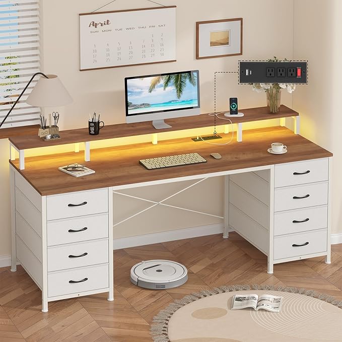60 Inch Computer Desk with 8 Fabric Drawers, Gaming Desk with LED Lights & Power Outlets, Home Office Desk with Monitor Stand, Brown and White