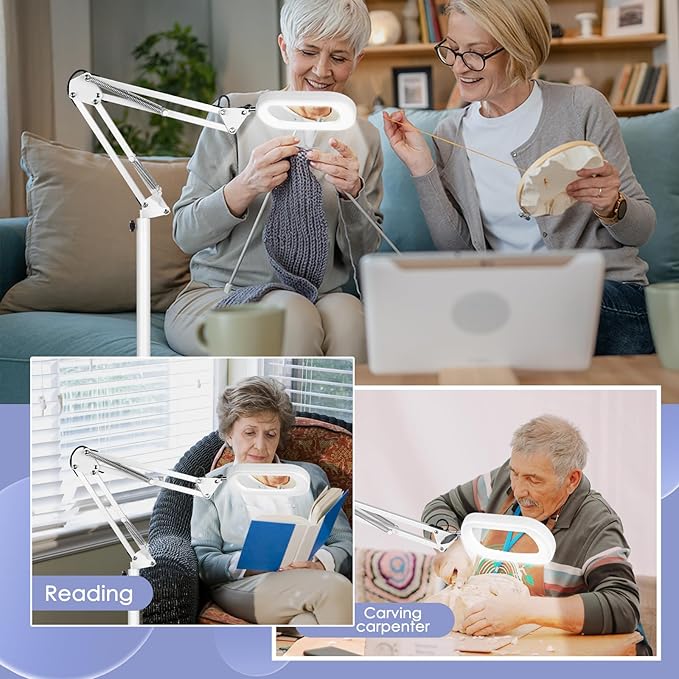 10X Rectangle Magnifying Glass with Light and stand, 5*3 Inch Real Glass 5 Color Modes Stepless Dimmable LED Floor Lamp, 3-in-1 Large Lighted Magnifier for Reading Painting Craft Close Work - White