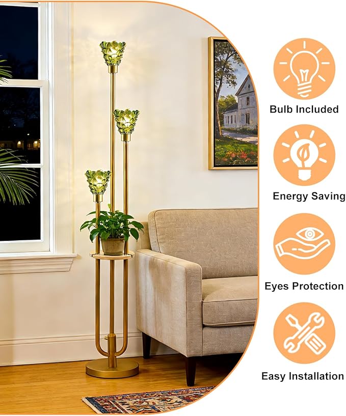 Lightdot Green Glass Floor Lamp with Shelf, 63IN Mid Century Modern Gold Standing Lamps with 3 3000K Soft Warm White Bulbs Included, Floor Lamp for Living Room/Wedding/Office