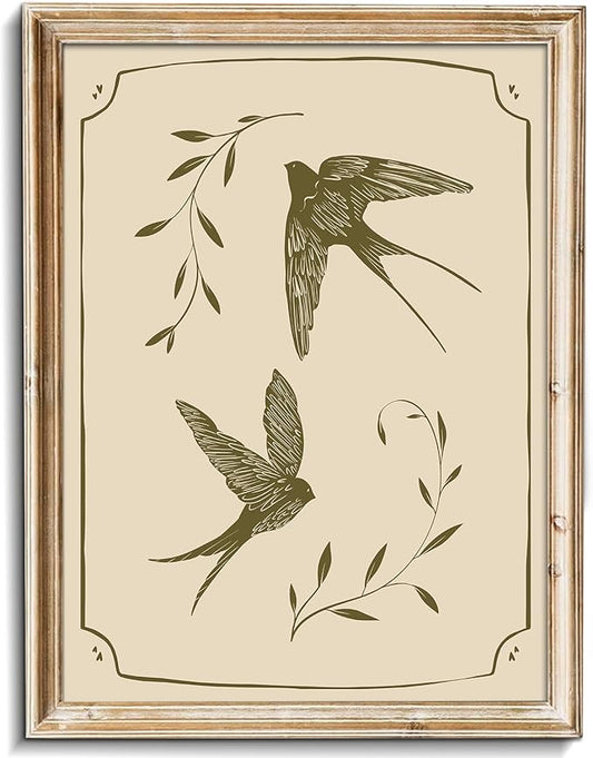 uniro Vintage Swallow Wall Art Cute Bird Canvas Prints Bedroom Bathroom Shelf Retro Swallow Illustration Room Decor swallow wall art beige prints antique victorian print 8 x 10inch-UNFRAMED