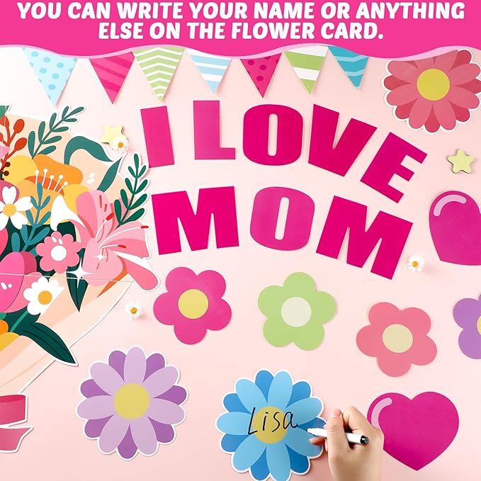 Mother's Day Bulletin Board Set I Love Mom Classroom Bulletin Board Decorations Mothers Day Flower Heart Cutouts Classroom Decorations for Preschool Nursery Toddler Kids Spring Decor Wall Door