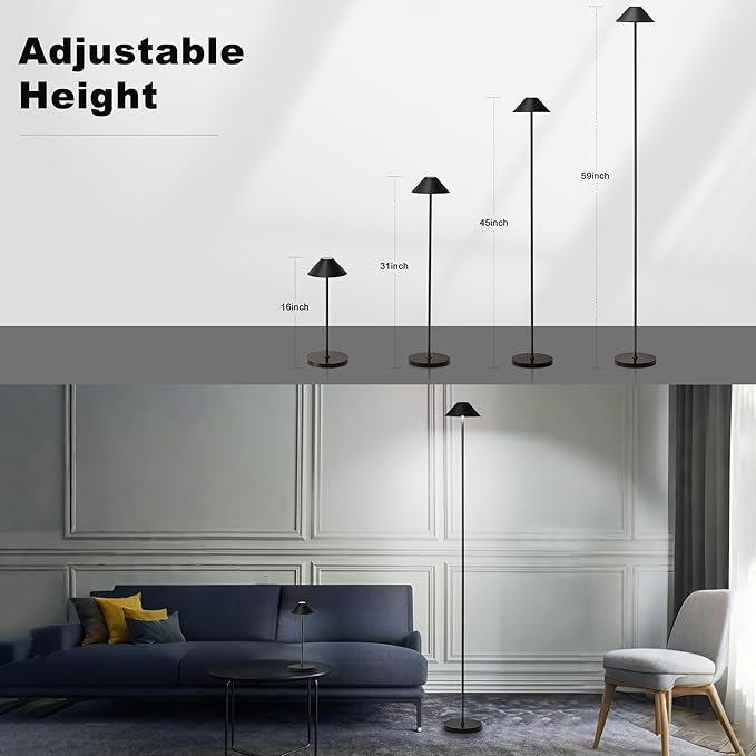 Rechargeable Floor Lamp for Indoor/Outdoor, Cordless Tall Standing Lamp with 3 Color Temps & Dimmable, IP43 Waterproof, Adjustable Height 16-59 Inch, LED Floor Lamp for Living Room, Patio(Black)