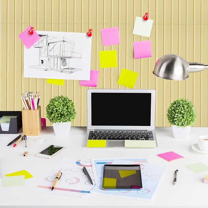 Honoson 12 Pack 47" x 35" Large Cork Board Alternative Felt Bulletin Board Wall Tiles with Safe Square Adhesive Large Roll Cork Tiles for Walls Organize Home Office Classroom Pin Panels (Light Yellow)