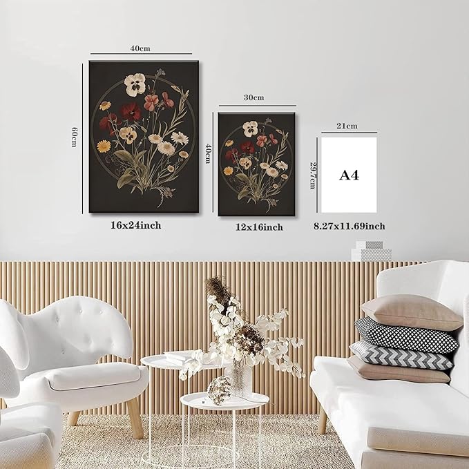 TUEASKY 3 Piece Canvas Wall Art Wildflower Wall Decor Botanical Pictures Floral Paintings Moody Framed Art Vintage Prints Dark Artwork