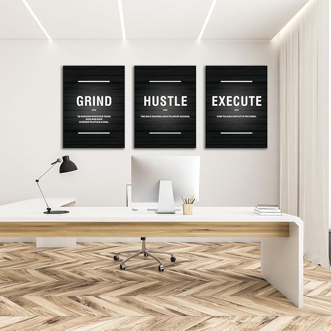 COSCTOR Set of 3 Motivational Wall Art Canvas for Office Workplace Garage Gym Living Room Bedroom Grind Hustle Execute Black and White Wall Decor Inspirational Quotes Posters for Paintings(Framed,12x16)