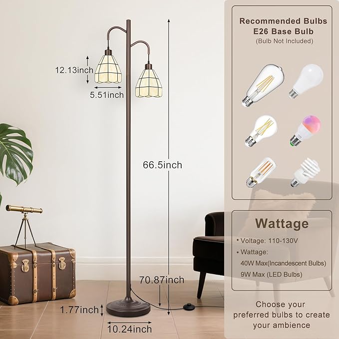 Floor Lamp with Dual Stained Glass Shades, Vintage Style Mid Century Tall Standing Lamp, Modern Farmhouse Decorative Corner Rustic Tree Light for Living Room Bedroom Home Office(E26 Base)