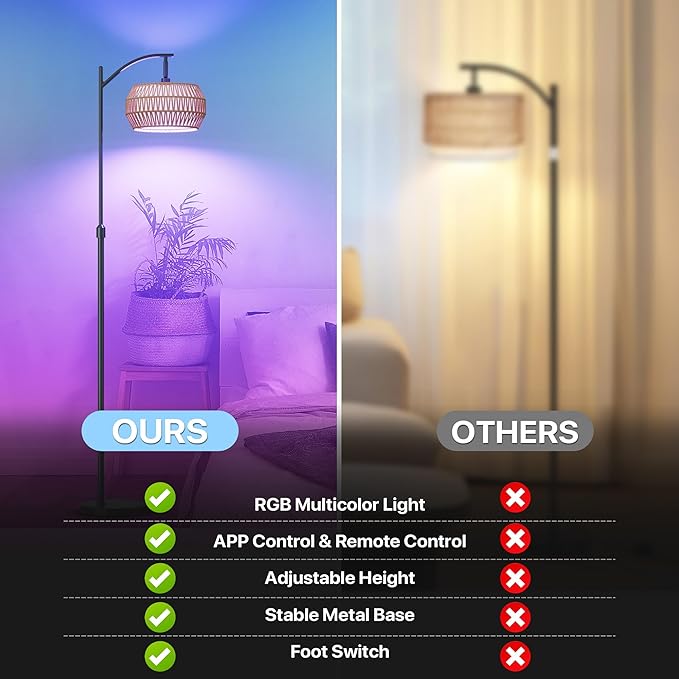 Arc Floor Lamps for Living Room with 3 Color Temperatures, Boho Farmhouse Floor Lamp with Remote & Dimmable RGB Bulb, Standing Lamp with Rattan & Fabric Shades, Adjustable Tall Lamp for Bedroom Office