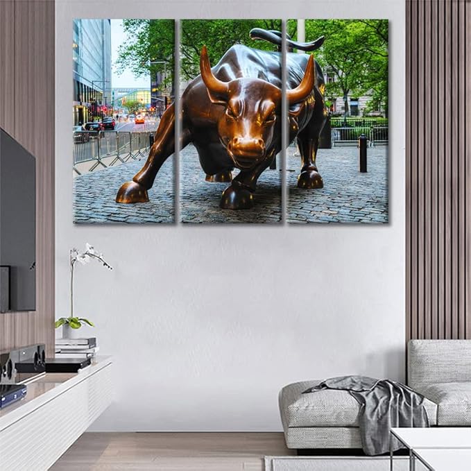 3 Piece Wall Art for Living Room Bedroom Modern Art Powerful Bronze Bull Picture Photography Giclee Print Stretched and Framed Canvas Print Gallery-Wrapped Ready to Hang - 60" Wx40 H